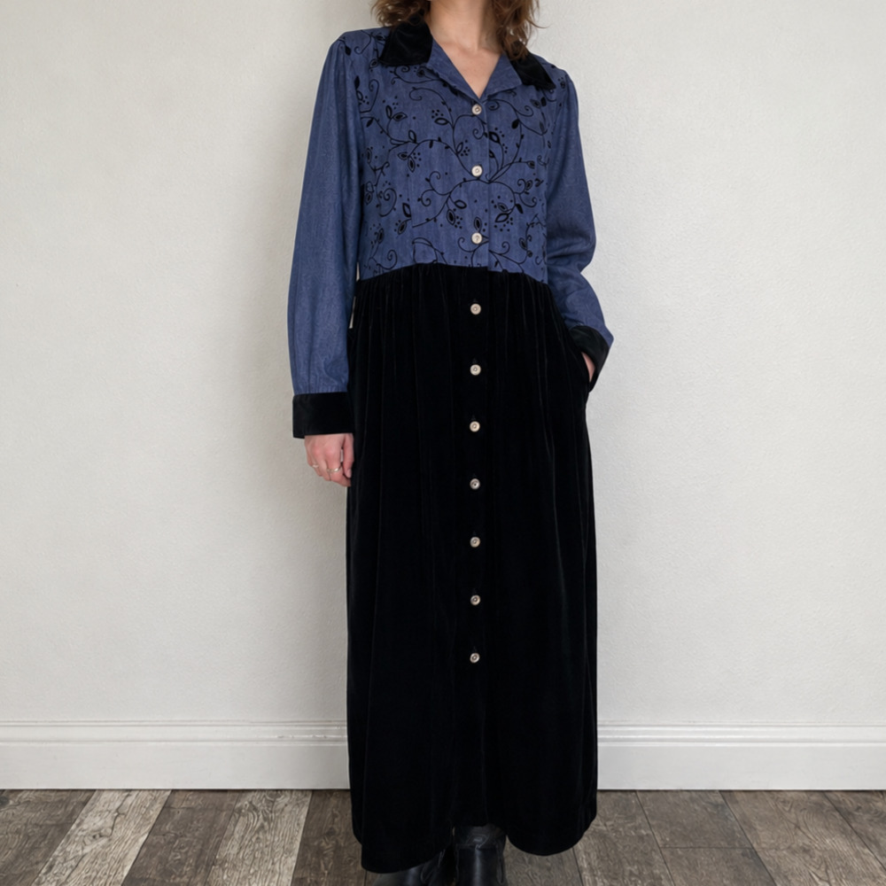 Vintage 90s Black Velvet Floral Button Front Maxi Dress Denim Bodice Large